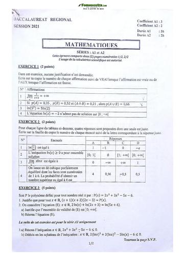 Sujet Prépas Mathématiques Lycée Classique Abidjan Terminale A 2023 new