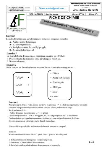 FICHE DE TRAVAUX DIRIGES CHIMIE 1ière D QUELQUES COMPOSES OXYGÈNES (ALCOOLS) Décembre 2024 by TEHUA