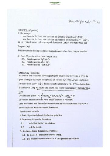 Sujet de Physique-Chimie Première C Lycée Classique Abidjan 22-23