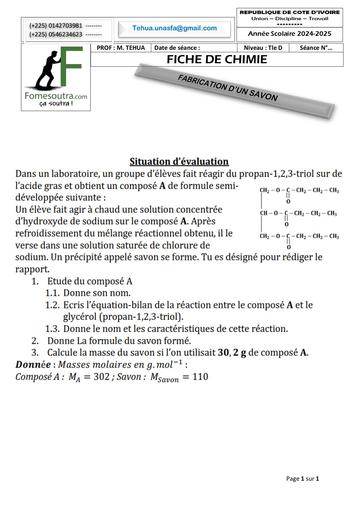 FICHE DE TRAVAUX DIRIGES CHIMIE Tle D FABRICATION D’UN SAVON 2025 by TEHUA