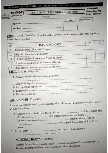 Test lourd Espagnol 2nde A&C provincial 2025 by TEHUA