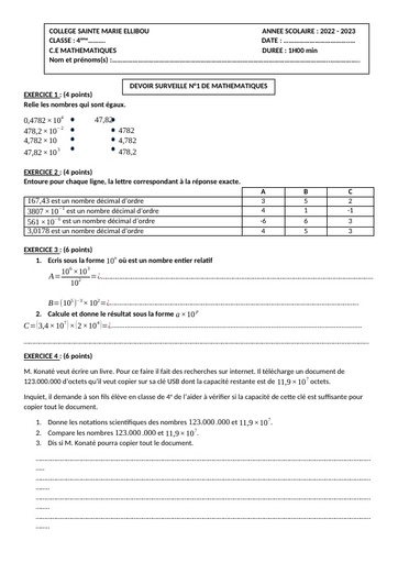 Devoir de niveau N°1 Maths 4ieme 2022 by Tehua