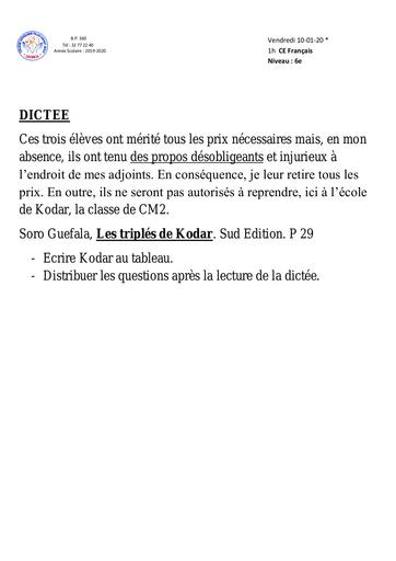 DICTEE Questions 6ème sujet 1 by Tehua