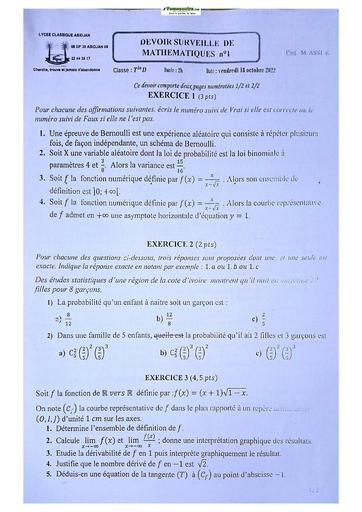 Sujets de Mathématiques série D Lycée Classique d'Abidjan 2022-2023