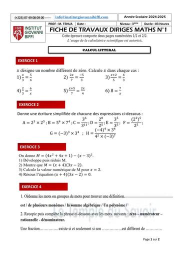 FICHE DE TD N° 1 RAPPEL MATHS NIVEAU 3IEME DE L'INSTITUT GIOVANNI BIFFI (NOVEMBRE 2024) CALCUL LITTERAL  by TEHUA