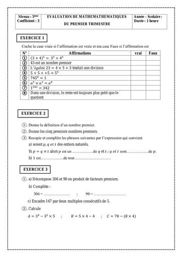 Devoir de Niveau 1 Maths 5ème Trimestre 1 2024 by Tehua