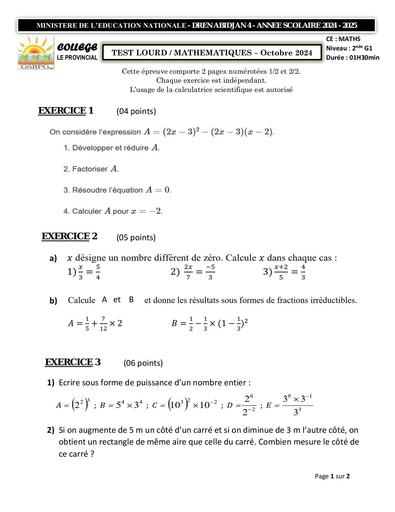 TEST LOURD MATHS 2nde G1 PROVINCIAL 2024 2025 by Tehua