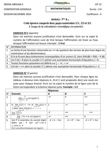 Composition generale Decembre 2024 UP 13 ADAMA SANOGO SUJET MATHS Tle A1 by Tehua