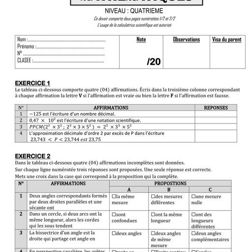 Composition generale Decembre 2024 UP 5 SUJET DE MATHS 4ieme by Tehua