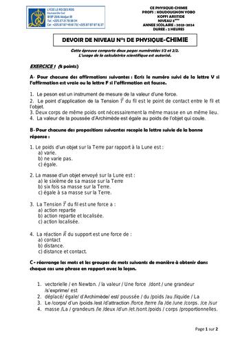 Devoir de niveau N°1 PC 3ieme 2024 by Tehua